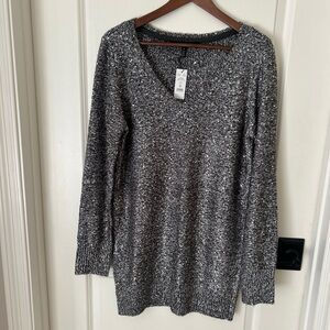 WHBM Women’s M Black Silver Sequin Knit V Neck Tunic Sweater Dress Sparkle Party